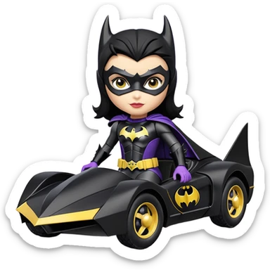 scale racing sexy fitted Batgirl’s heroically armored midnight-colored tight outfit 1970’s tv style dark knight stealthy accurate sporty safe plush deluxe off-road pursuit drifting F1 town car (black hair, shoulders back against seat) rally vehicle  sticker