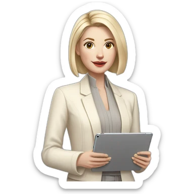 pale skin woman with ash blonde Straightened bob Hair, White Spacious classical jacket, beige palazzo Arrow pants and gray blouse holding a IPad Pro 12.9” in the hands sticker