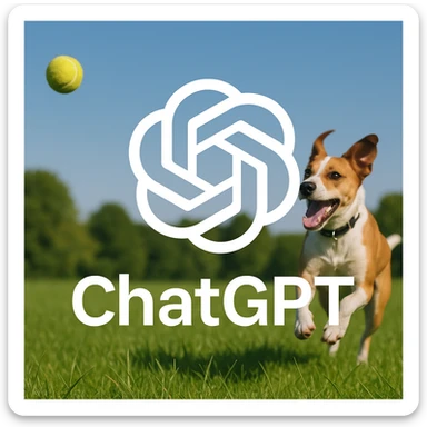 chat gpt image logo on the background of a dog chasing ball sticker