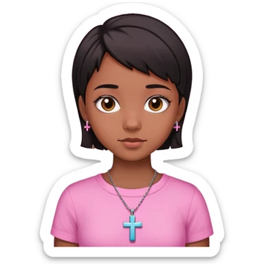 Teenage girl with brown skin and is short black haired wearing pink shirt and cross necklace sticker
