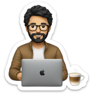 Designer with black hair, beard and glasses working with MacBook and drinking cappuccino  sticker