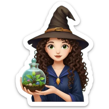 A long curly haired brunette girl with a moon, witch hat, holding a plant terrarium sticker