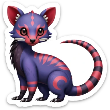 Rare warm-colored exotic gloomy tropical edgy cute epic aesthetic spooky indigo violet white black red gothic colorful Salandit-Furret-Civet-species-Fakemon-hybrid-creature, with tribal tattoo markings, full body sticker