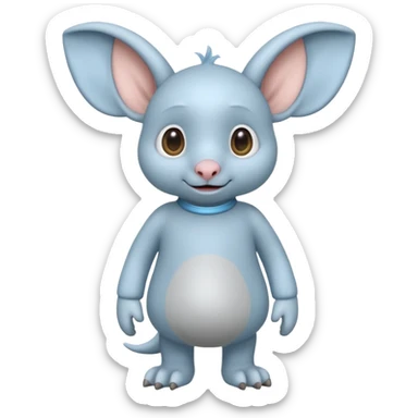 full body ...it has 1 eye....stands upright and looks intelligent ...wears clothing. is light grey and light blue..looks happy and cuddly... doesnt have eyes on face,remove the 2 eyes on face. . there is a appendage coming from top of head with a single large e sticker