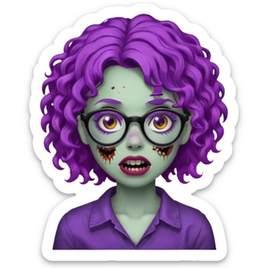 Crie uma garota zumbi com cabelo cacheado roxo, óculos preto e sardas com a boca meio cortada do lado sticker