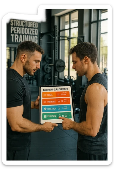 realistic cinematic photo a personal trainer and a client stand in a modern gym, reviewing a large, color-coded training calendar or chart on a tablet. The calendar shows different phases (Forza, Ipertrofia, Resistenza, Recupero) with icons and dates. Around them, gym equipment and motivational posters reinforce the idea of structured, periodized training. in italiano sticker