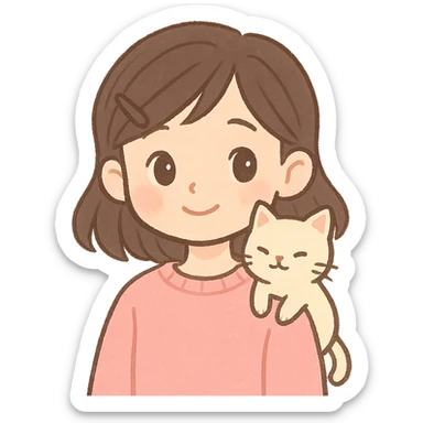pastel toon style character with dark brown hair clipped back with a hairpin, sweet eyes, pink sweater, cat on shoulder sticker