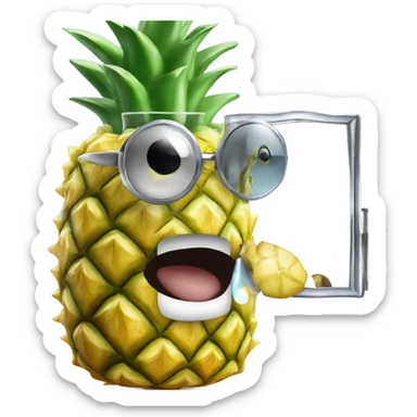 3D elegant pineapple🍍  with big shiny eyes 👀 pineapple holds mirror with its reflection 🪞🍍 sticker