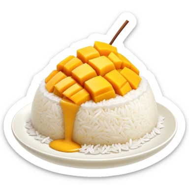 cinematic-realistic-mango-sticky-rice-dessert-emoji,-showcasing-sweet-sticky-rice out of a mould-paired-with-ripe-mango-slices-and-coconut-milk-rendered-with-lifelike-detail-and-warm,-inviting-lighting with the coconut  milk over the rice sticker