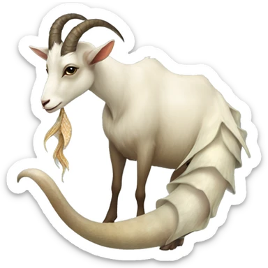 Goat attached to a long wrapped up mermaid fish tail, creature mythology, watery earthy tones sticker