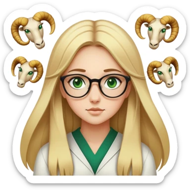 A blonde girl with long straight hair green eyes and glasses with astrological signs Aries Leo and Scorpio around her sticker