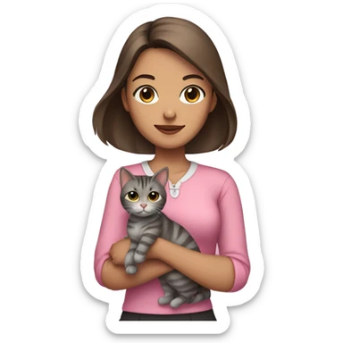 Brunette girl with straight hair in a pink blouse, holding a gray, striped, brown-eyed cat with a bow in her arms sticker