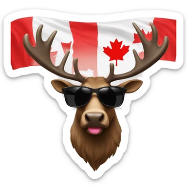 Mooose wearing sunglasses with his tongue out with a big Canadian flag sticker