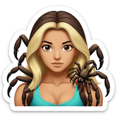 Attractive and muscular Mexican woman in her 20s with long dark brown hair with blonde highlights, with a tarantula sticker