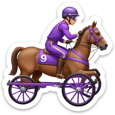 Harness racing horse that pulls a two-wheeled cart occupied by a driver in purple sticker