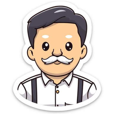 male character with oval-shaped flat-top head, bushy white mustache, wearing a white shirt with three white buttons sticker