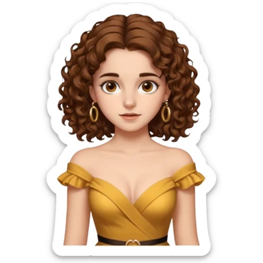 very beautiful italian girl, looking a bit like Emma Watson, with curly and big volume bright brown hair, and a golden piercing rink in nose on left side, dressed in a beautiful sexy dress sticker