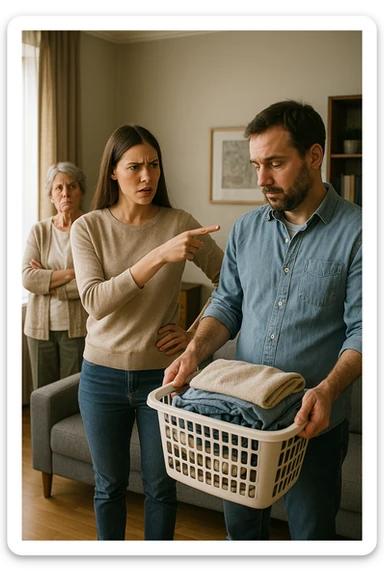 a woman stands assertively in the center of a living room, giving clear instructions to her partner. The man, with a submissive and resigned expression, follows her directions, perhaps holding household items or performing a chore. Behind them, an older woman (the mother-in-law) stands with crossed arms and a disapproving look, watching the scene unfold. The lighting is natural, and the atmosphere is tense but realistic. sticker