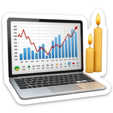 Minimal 3D emoji style laptop with stock market chart on screen, candlestick chart and small line graph, financial trading interface, neutral colors, professional look, clean shading, no bright colors, no brand logos, isolated on transparent background, modern emoji design sticker
