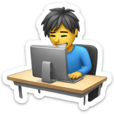 Someone who is sweating while struggling to smile while working at their computer sticker