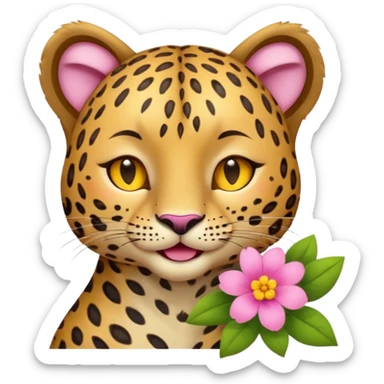 eyes closed, A leopard with peaceful smile, A pink flower with a yellow center is tucked behind its right ear
 sticker
