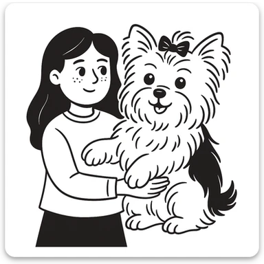 Make the yorkie dog much bigger, keep the 11 year old girl with freckles and long wavy brown hair, preserve the look of notion style hand drawn doodles. sticker