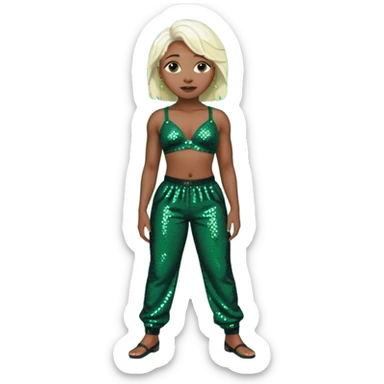 Cynthia Erivo with platinum blonde hair, dark sequin bra, dark green sequin baggy pants  sticker