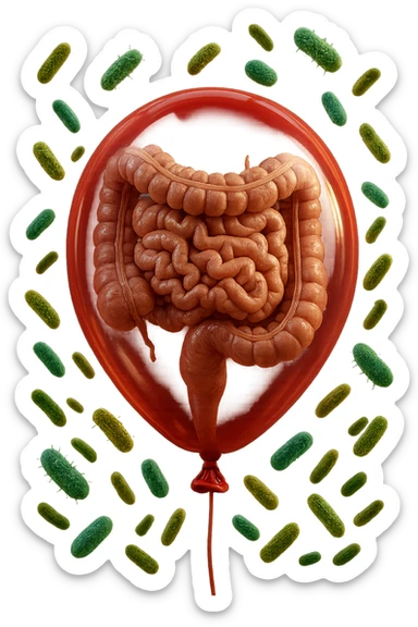 intestino umano anatomico chiuso in un palloncino rosso con batteri intestinali che fluttuano intorno, iperrealistico 4k sticker