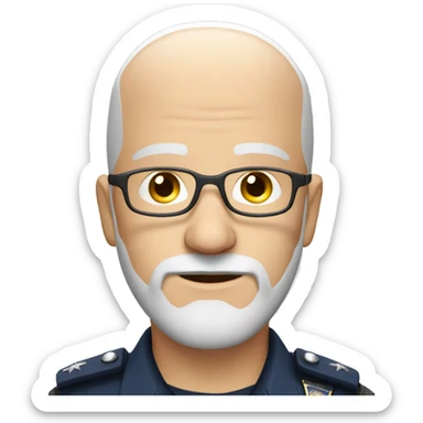 Bald Caucasian man with light gray beard in police uniform with a glasses sticker