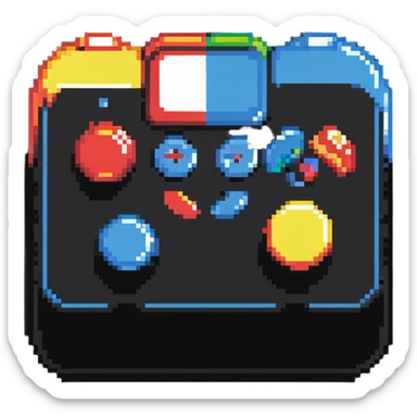 A modern fighting game joystick with multiple buttons in colorful pixel art sticker