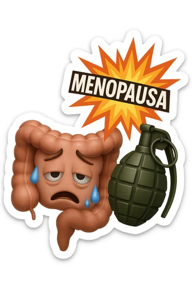 EMOJI STILE IPHONE 3D DI INTESTINO SFINITO CON ESPRESSIONE STANCA, ACCANTO A LUI SCOPPIA UNA GRANATA 3D CON LA SCRITTA "MENOPAUSA" SOPRA sticker