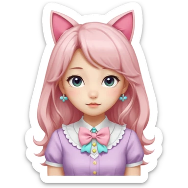 Gorgeous shiny smooth soft pretty aesthetic elegant beautiful gorgeous cute kawaii pastel anime style lady with blushing cheeks, cat ears, long beautiful Lucious stylish hair, big pretty eyes, cute colorful pastel dress and skirt and bow ties, and necklace sticker