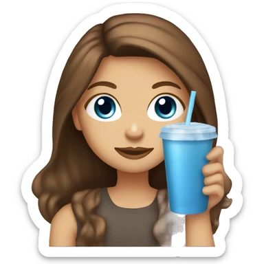 Girl with blue eyes long brown hair with highlights sipping iced coffee sticker