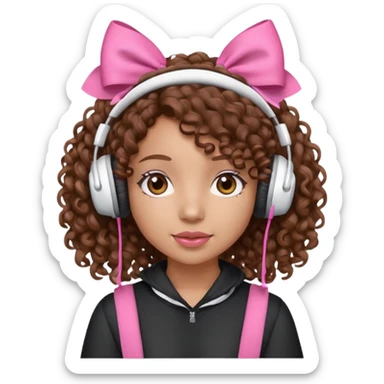 Light skin girl, brown curly hair with pink bows to the top,  white headphones on listening to music emoji. White background, square ratio. sticker