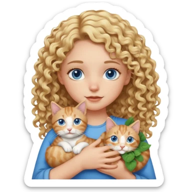 Blonde girl with curls and blue eyes holding a tabby cat that has one white patch on his eye that connects to his stomach sticker