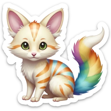  cute adorable whitish albino fur with random colorful iridescent rainbow markings beautiful elegant pretty precious cute  Fakémon-Pokémon-alien-opossum-feline-serval-caracal-chinchilla-Minccino-hybrid-creature with a big fluffy bushy striped tail (full body) sticker