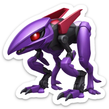 a shiny black-red-purple Genesect-Raptor-Fakémon—hybrid with a futuristic visor-helmet full body sticker