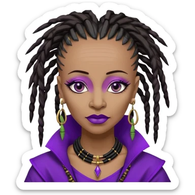 57 years young,  Black queen with a  dreads mohawk hairstyle, purple lipstick,  purple eyeshadow,  droopy looking  eyes, bamboo triangle earrings with the name Draya personalized on them.  sticker