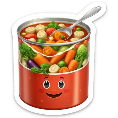 open tin can with chunky mixed vegetables in tomato sauce, no spoon or branding, soft lighting, subtle shadows, emoji scale sticker