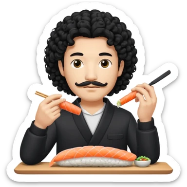 un coreano che taglia sushi con i baffetti capelli ricci e lunghi  neri con un IQOS in mano  sticker