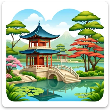 Oriental palace garden with pavilion and pond sticker