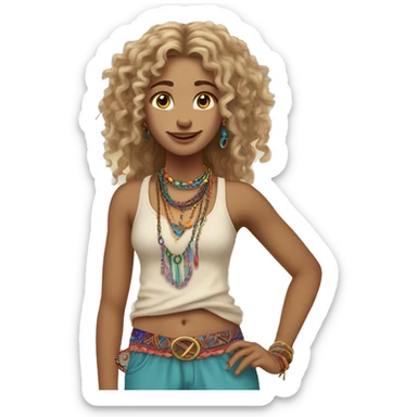Caucasian hippie girl with curly dirty blonde hair, hazel eyes, baggy colorful pants and a tank top, lots of bohemian bracelets and jewelry sticker