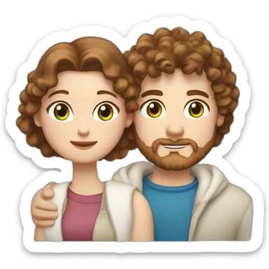 Couple, hugging, white European man with brown curly hair and blue eyes. chubby wphite woman with long light brown curly hair and blue-green eyes. sticker