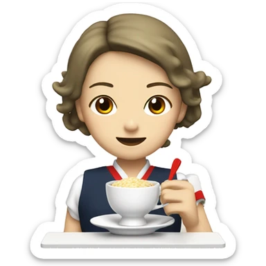 Women eating risotto and drinking tea wearing school uniform with japanese kanji and with red big shoes on his foot sticker