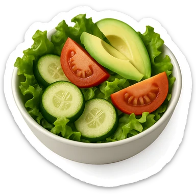 fresh, colorful salad in a small white bowl, with visible lettuce, tomato, cucumber, and avocado slices, clean, uncluttered look sticker