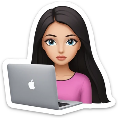 Glamours, tanned, very beautiful girl, with big pump peach-beige-rose lips, eyeliner, long long lashes, black straight smooth silky long hair, straight parting hair, blue-grey eyes with macbook sticker