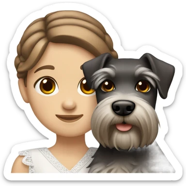 White Slavic girl with brown hair huggin schnauzer  sticker