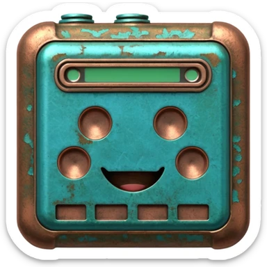 3D render of Battery Terminal, heavily oxidized copper texture, verdigris patina, Metal contact with blue/green powder corrosion, weathered bronze aesthetic, ancient decay, emoji style, isolated on white background --v 6.0. sticker