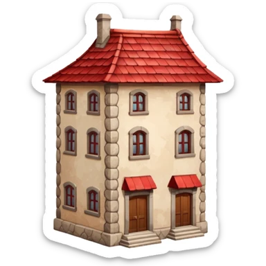 old, tall crooked building with red roof.




 sticker