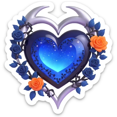 gothic heart made of midnight blue glass with a silver crescent moon, tiny black roses, shimmering stardust, glowing blue aura sticker